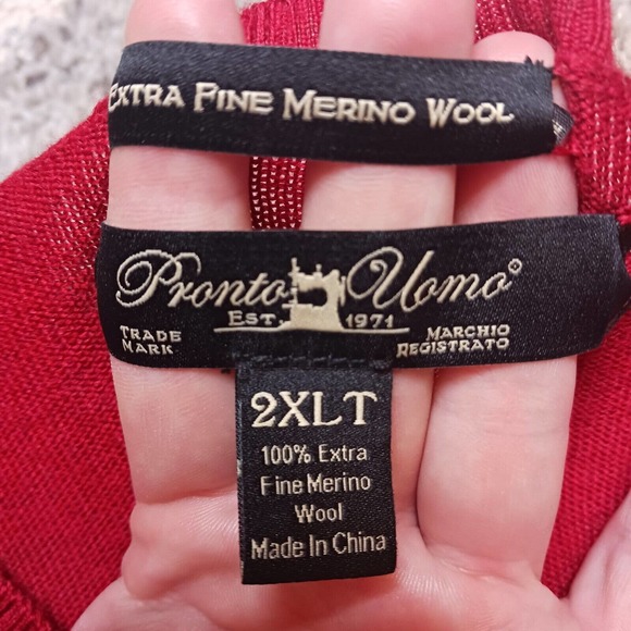 Pronto Uomo Sweater Mens 2XLT Red Extra Fine Merino Wool Long Sleeve Crew Neck - Picture 4 of 8